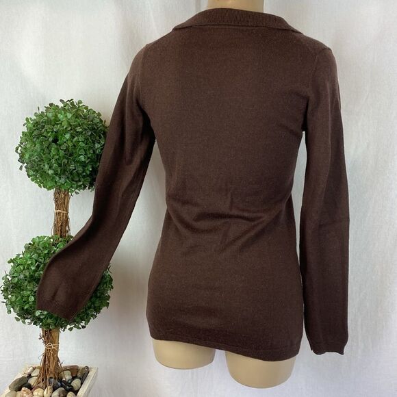 Vertigo Brown Rhinestone Bodice Half Sleeve Drape Neck Knit Sweater Top M - Picture 2 of 4